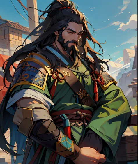 a painting of a man with long hair and a beard，character portrait of wang jian artist，artstation，dau-al-set，2d game art，offcial ...