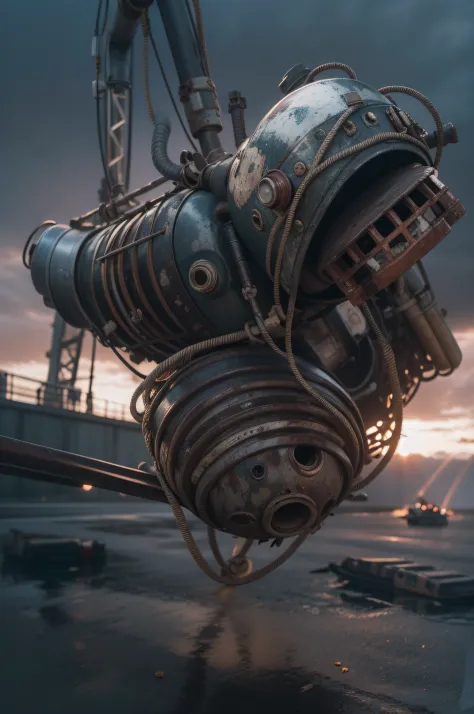 a heavily distorted, fading late evening heavily overcast sky, a singular object comprised of contorted feathers/machinery/pipes/rusted components is floating in the air, steel strings weave into each other, extra detail, 4kHD details, best resolution, sur...