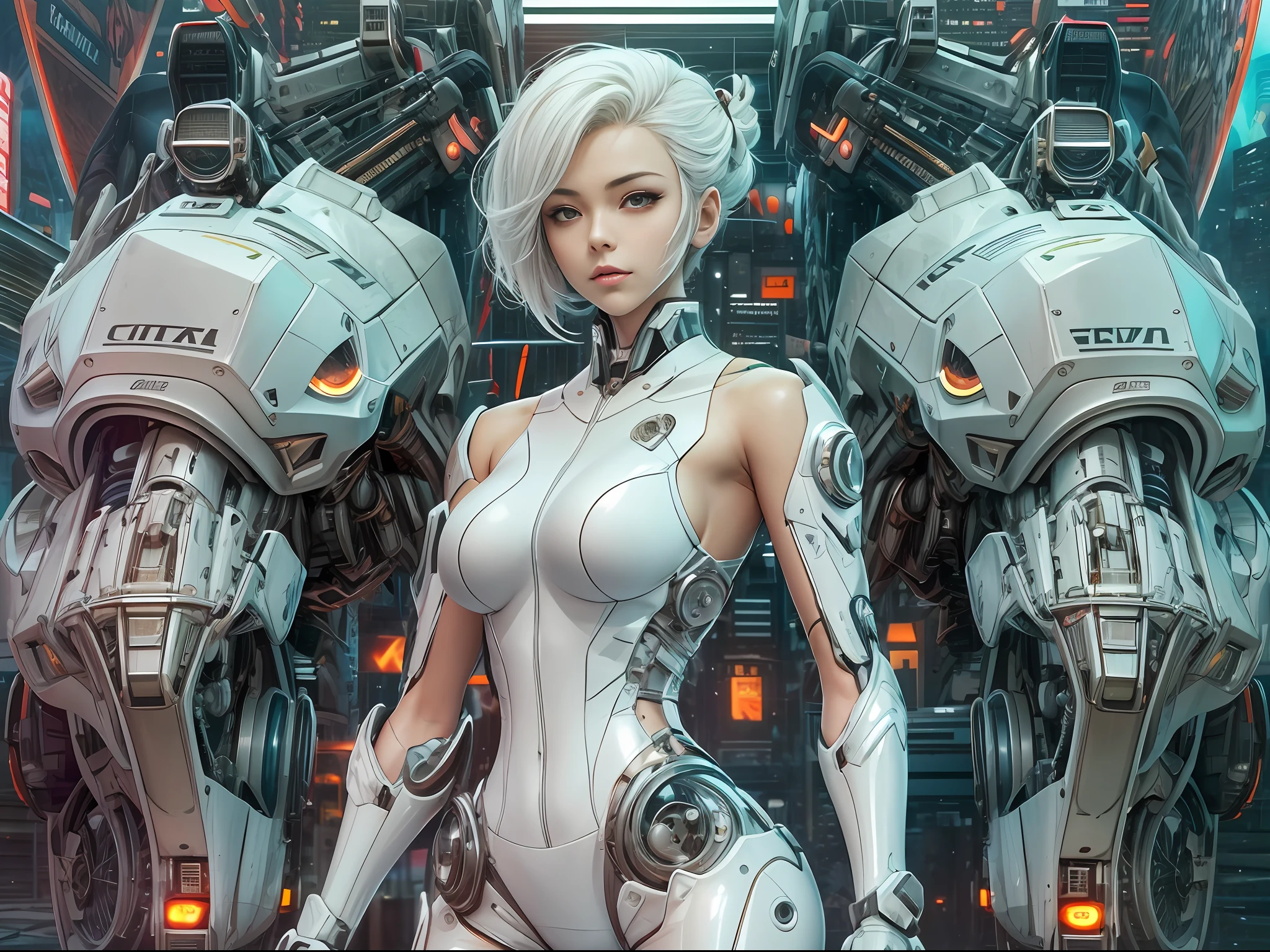 masutepiece, hightquality, hight resolution, high textured, 8K, HighDynamicRange, Robot girl in sexy costume, Huge breasts, White transparent tights, mechs, short white hair, Mechanical prosthetics, mechanical legs, dishevled hair、Detailed skin、Fine-grained skin、Large Motorcycles, Riding Bicycles, natta, cyberpunkcity