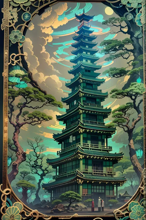 tarot of tower, old japan inspired, frame is zen style,, glass paint, black light Paint, fiber art, light azure with crystal, holographic and translucent styles, black light Painting, extremely fine detail, epic high quality, insanely beautiful, greatest m...