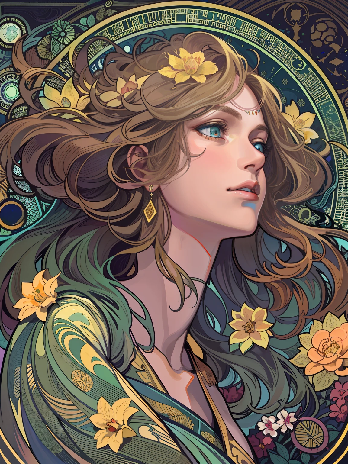 1 girl，woman，Looking down，Solo，The upper part of the body，Green eyes，european woman face portrait，with long coiled hair，Shiny skin, Detailed face, The magic robe is patterned， Sumeru，Clouds， themoon，tarot card layout，Best quality, Masterpiece, (Realistic:0.6), Realistic lighting,Flower frame， Decorative panels， abstract artistic， Alphonse Mucha （tmasterpiece， best qualtiy， A high resolution： 1.4）， A detailed， Complicated details， 4K，cerulean， Line art， Fibonacci