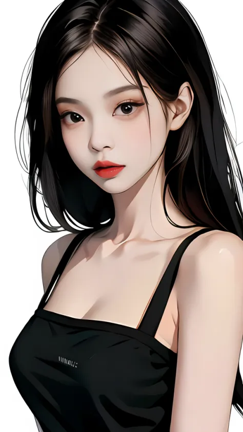 Masterpiece,best,((pure white background)),lighting effects,SuperClear, The High(The High)，- Definition picture, (Front) Solo,_Kim Ji-ni Jennie face，Black Ball，Wear a black pale green T-shirt，cleavage，