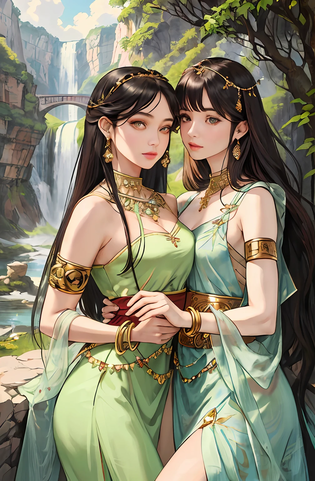 ((Realistic:1.5)),Ulzzang-6500:1.4,((Best quality)), ((Masterpiece)),((Detailed)),2girls,duo,{2 beautiful women}, (Upper body:1.3),Hug and touch each other, Tease your friend's waist, Breathless friends, Biting a friend's earlobe, crouched,super wide shot,Face focus, Long legs,Curvy, Barefoot,Wide hips, Thin legs, Oversized eyes,Long eyelashes, (Detailed face,beautidful eyes, detailedpupils,detailed clothes features, Clear background:1.3), (armlets, bangle:1.3), Mysterious ancient ruins, floresta exuberante, Deep canyon,bridge,River,cliff,Cloud,lakes,Rock music,Waterfalls, Flowers, Grass,grape trees,tree,bright detail,Sharp,Perfect compounding, Intricate, Sharp focus, Dramatic,