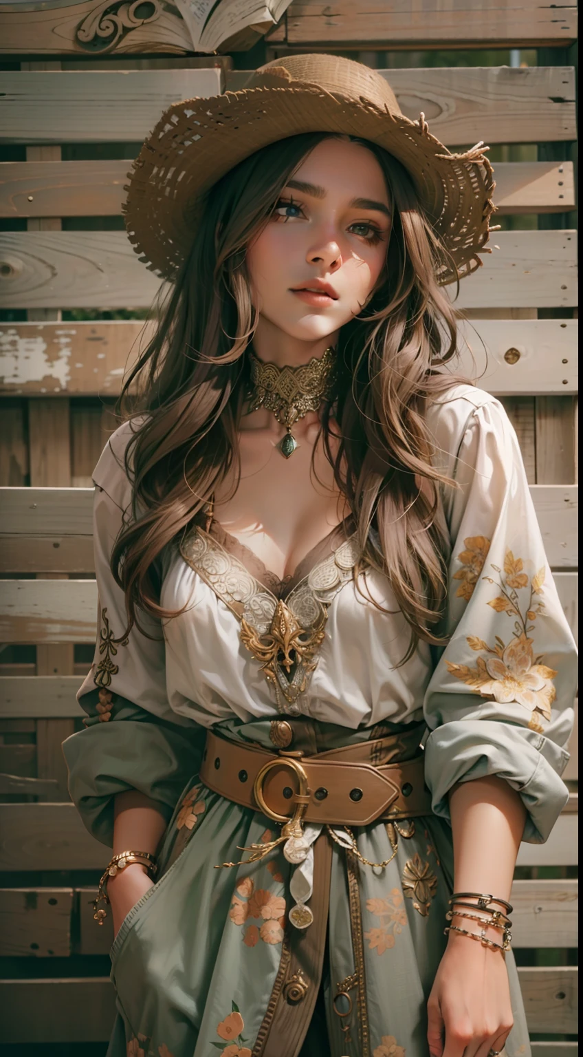 Beautiful woman in intricate Rustic Farmhouse Outfit