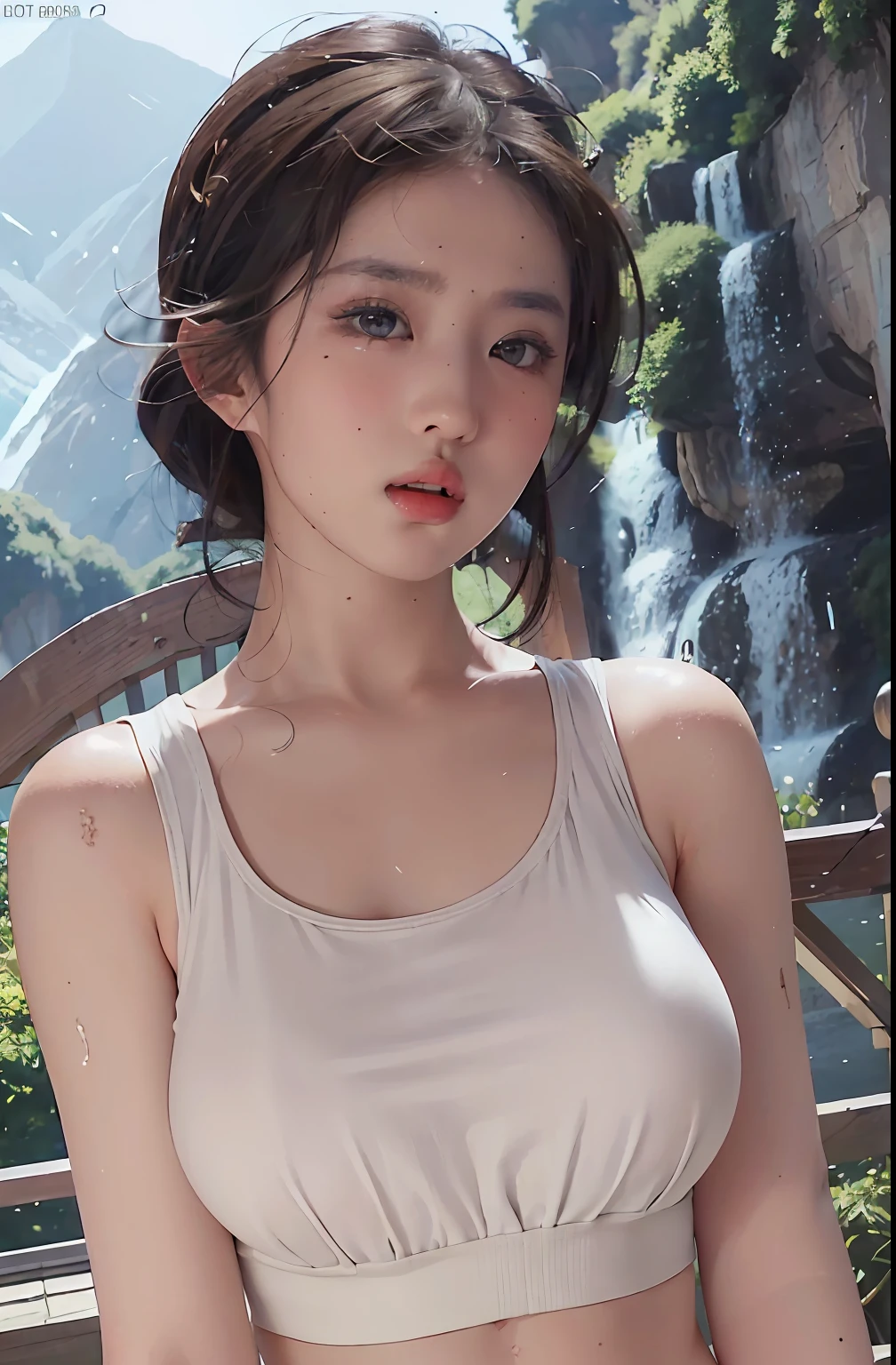 (Ultra Real), (Illustration), (High Resolution), (8K), (Very Detailed), (Best Illustration), (Beautiful Detailed Eyes), (Best Quality), (Ultra Detail), (Masterpiece), (Wallpaper), (Detailed Face), Park, Upper Body Up, Armpits, Thick, Short Hair,Inner Color,Solo,Simple White Tank Top Girl, Sweaty, Japan Person, Big , (Camel Toe)