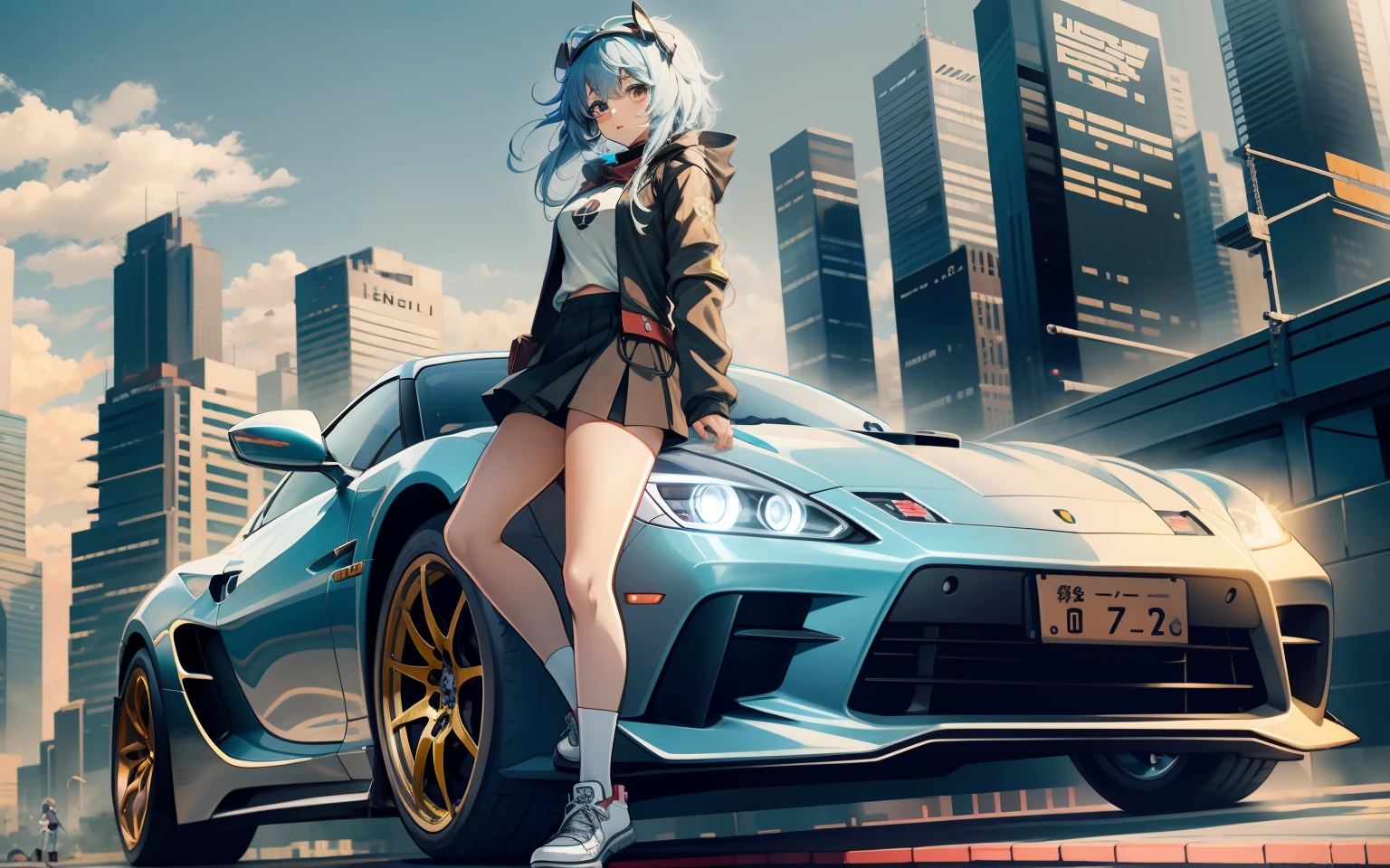 anime, Super car behind a girl