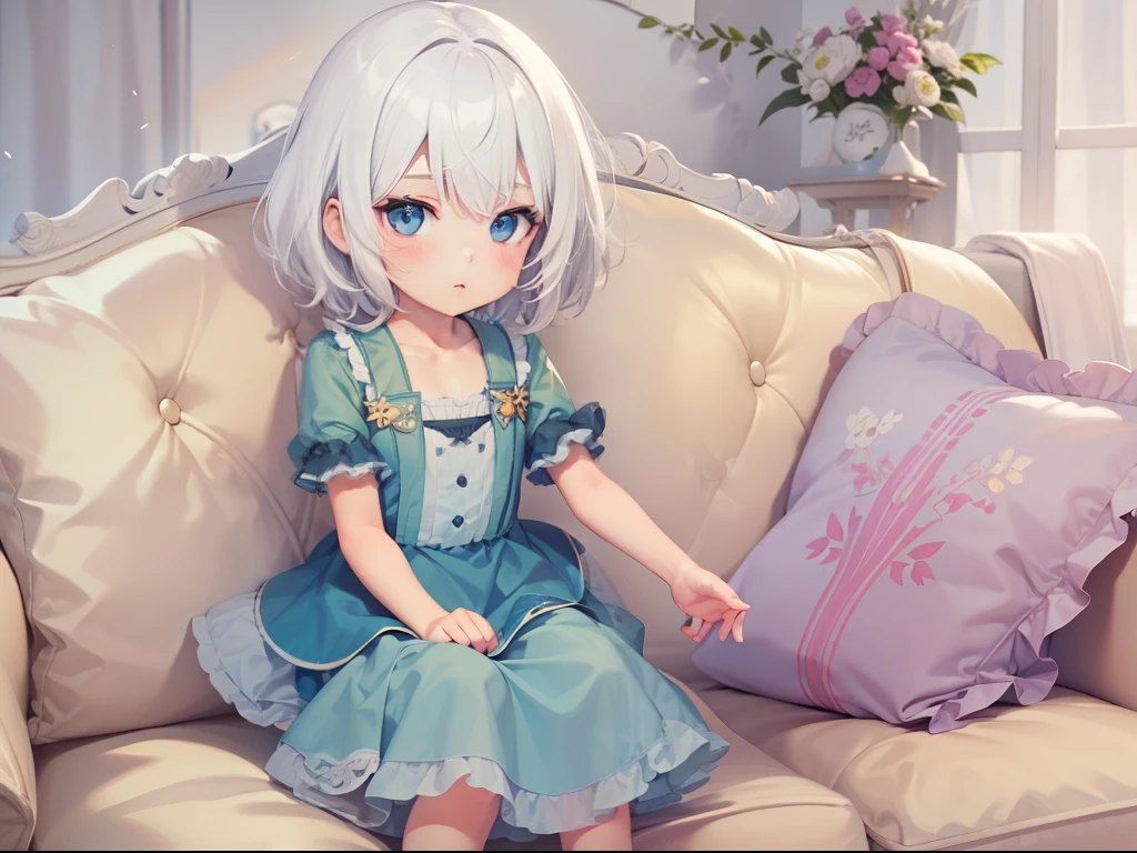 Best quality, tmasterpiece,  girl, Short white hair, eBlue eyes, sitting in the couch, Expression of grievance