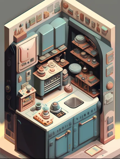 a miniature kitchen, isometric design, multicolour, cartoon style, insane details, pastel colours, many details in the decour, e...