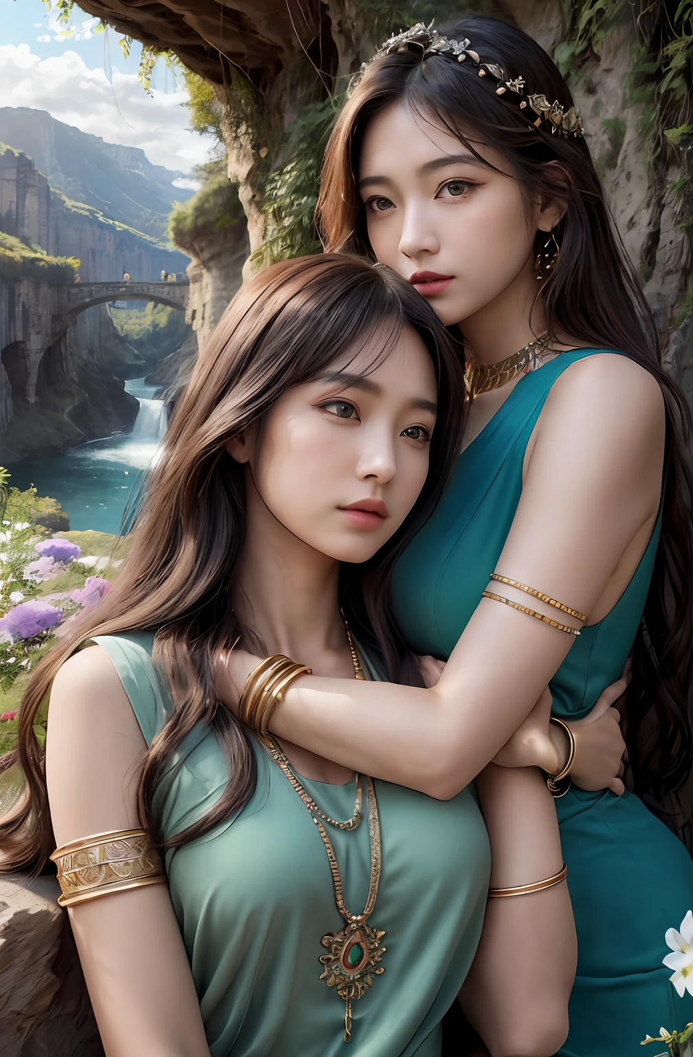 ((Realistic:1.5)),Ulzzang-6500:1.4,((Best quality)), ((Masterpiece)),((Detailed)),2girls,duo,{2 beautiful women}, (Upper body:1.3),Hug and touch each other, Tease your friend's waist, Breathless friends, Biting a friend's earlobe, crouched,super wide shot,Face focus, Long legs,Curvy, Barefoot,Wide hips, Thin legs, Oversized eyes,Long eyelashes, (Detailed face,beautidful eyes, detailedpupils,detailed clothes features, Clear background:1.3), (armlets, bangle:1.3), Mysterious ancient ruins, floresta exuberante, Deep canyon,bridge,River,cliff,Cloud,lakes,Rock music,Waterfalls, Flowers, Grass,grape trees,tree,bright detail,Sharp,Perfect compounding, Intricate, Sharp focus, Dramatic,