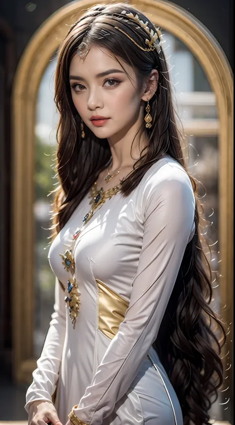 Portrait of a young 20-year-old saint, a saint with a beautiful and super cute face,Wearing a thin red dress with gold edging and glittering and sexy, Ao dai is studded with small sparkling pearls, beautiful cute face, Chinese cute doll, Ao dai with a deep...