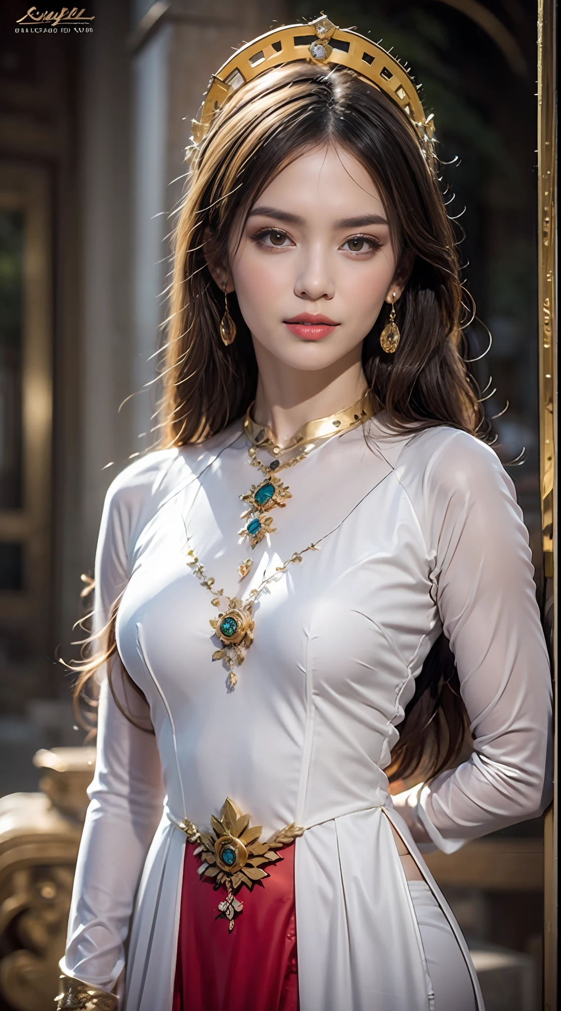 Portrait of a young 20-year-old saint, a saint with a beautiful and super cute face,Wearing a thin red dress with gold edging and glittering and sexy, Ao dai is studded with small sparkling pearls, beautiful cute face, Chinese cute doll, Ao dai with a deep slit in the chest and attractive black and white lace trim, beautiful face without blemishes, shut up, ((long hair seven colors rainbow:1.2)), big crown, hair brooch, hanfu dress, chinese ancient style, full body jewelry, forehead tattoo, The female saint's breasts are round and very full, breast augmentation, innocent face, The most beautiful and detailed light red lipstick, ((Thin plump lips:0.3)), ((Golden eyes:1.2)), The eyes are delicately decorated,(white and detailed) cinematic, light and dark, dramatic lighting, magical light, extremely detailed light, true color, super sharp, realistic, 8k quality, fantasy universe background, saints and magical space, the most detailed images, Solo, a saintess, ((looking directly at the saint's upper body:0.4)), ((smooth skin:0.5)), Extremely detailed pixels, super true, extremely detailed and complex graphics, the highest resolution, close-up portrait,