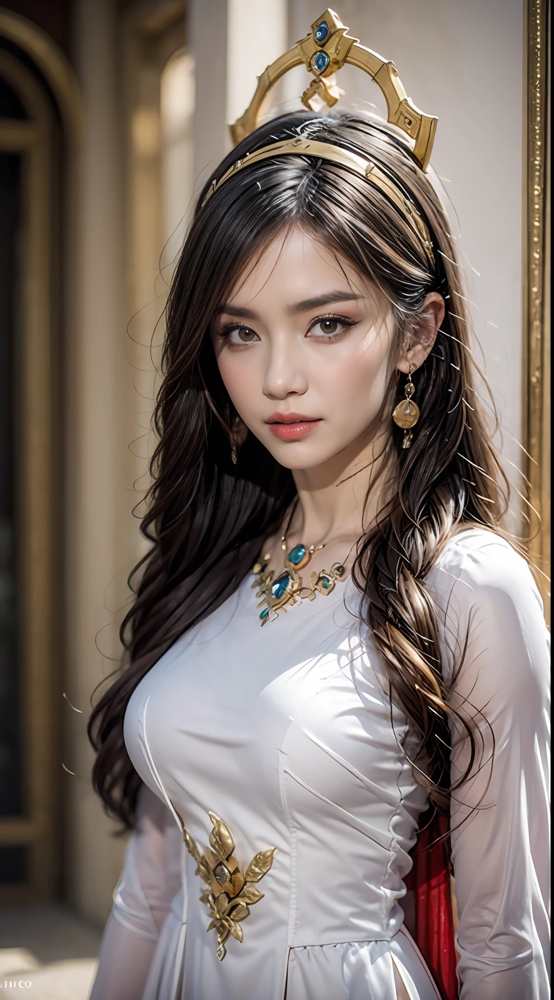 Retrato de un joven santo de 20 años, un santo con una cara hermosa y super linda,Llevaba un vestido rojo fino con ribete dorado y un vestido brillante y sexy., Ao dai está tachonado de pequeñas perlas brillantes., Hermosa cara linda, Linda muñeca china, Ao dai con una profunda abertura en el pecho y un atractivo ribete de encaje blanco y negro, hermoso rostro sin imperfecciones, Callarse la boca, ((pelo largo siete colores arcoiris:1.2)), gran corona, Broche para el pelo, vestido hanfu, estilo antiguo chino, Joyería de cuerpo completo, tatuaje en la frente, Los pechos de la santa son redondos y muy llenos., aumento de senos, cara inocente, El lápiz labial rojo claro más bonito y detallado., ((labios finos y regordetes:0.3)), ((Ojos dorados:1.2)), Los ojos están delicadamente decorados.,(blanco y detallado) cinematográfico, luz y oscuridad, iluminación dramática, luz magica, luz extremadamente detallada, true color, súper afilado, Realista, calidad 8K, Fondo del universo de fantasía, santos y espacio mágico, las imágenes más detalladas, Solo, una santa, ((mirando directamente a la parte superior del cuerpo del santo:0.4)), ((piel suave:0.5)), Píxeles extremadamente detallados, super true, gráficos extremadamente detallados y complejos, La resolución más alta, retrato de primer plano,