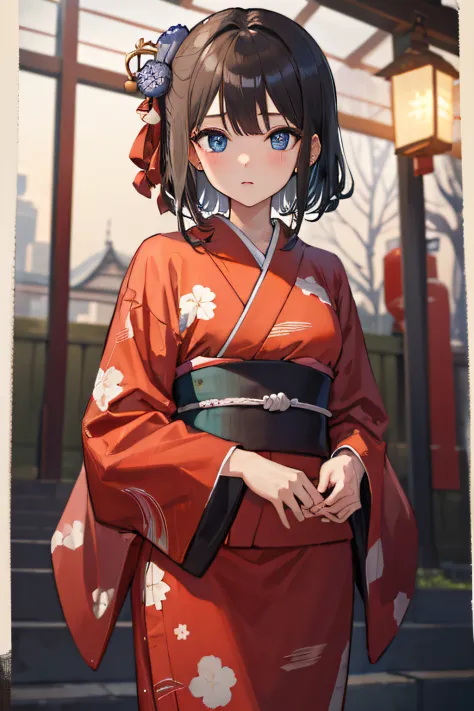 ​masterpiece、top-quality、girl with、Year's on、blue eyess、A dark-haired、matsuri、Kimono