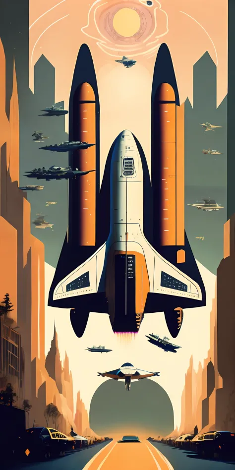 a poster of a space shuttle flying over a city with cars driving down the street by kilian eng