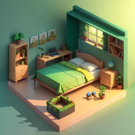 (Isometric perspective:1.5),(pixar-style:1.2),sobu,Beds,sofe,(Small bonsai:0.8),table light,tvp,wall paintings,3D,Disney,panoramic photo,White background,one color background,Global illumination,Ray traching，Modeling，HDR，Octane rendering，unreal render，beha...
