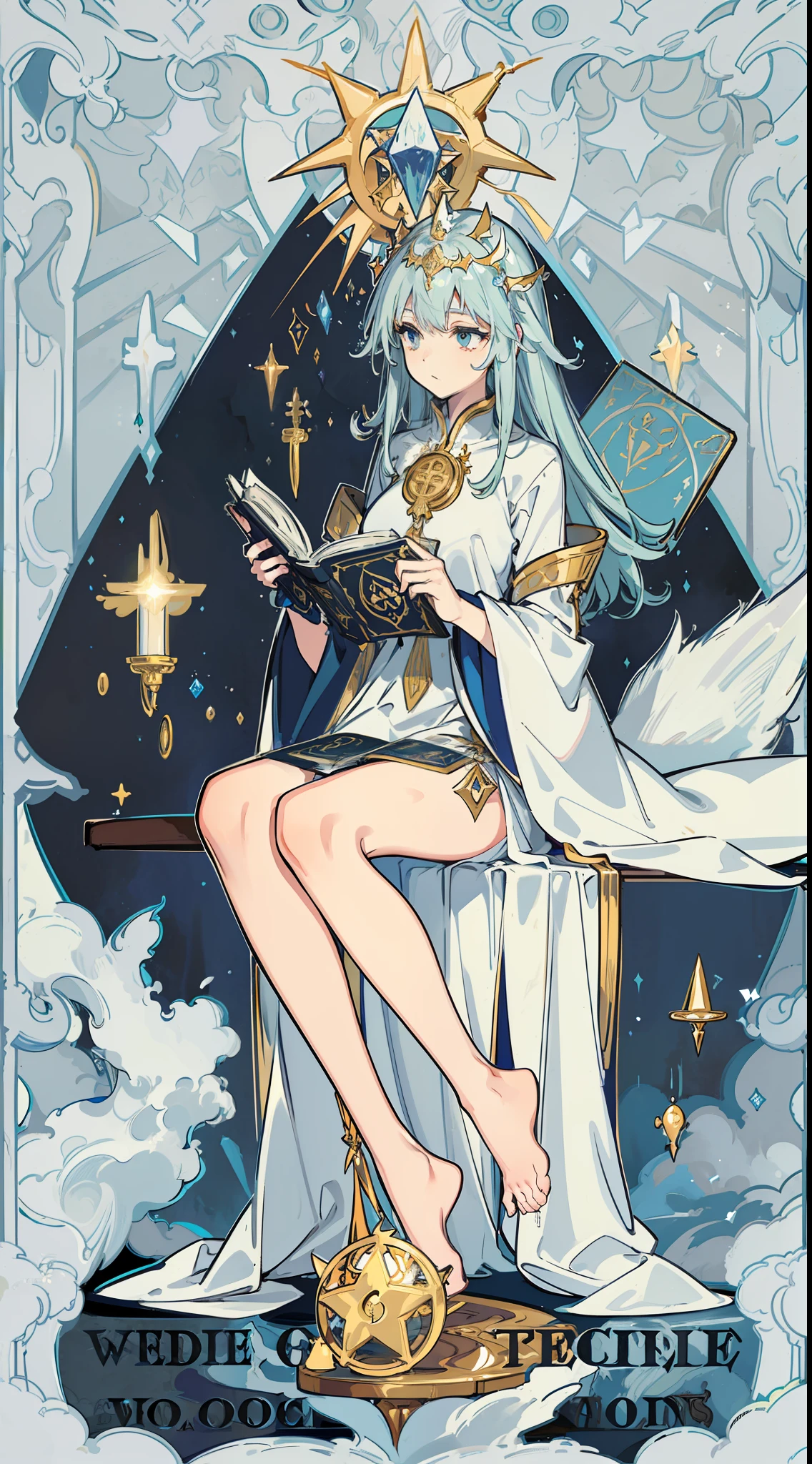 masterpiece,(bestquality),highlydetailed,ultra-detailed,  pale , mystical , (tarot cards), (magic symbols), (moonlight), (magic crystals), (mysterious fog), (ancient book), (ethereal), (ceremonial robes), (intricate patterns), (mystical creatures), (enchanting atmosphere), (divine intervention), (spiritual journey), (fortune-telling), (mystic symbols), (mystic candlelight), (magical aura),(magic incantations), (secret knowledge),(spellbinding),(tarot reader),(tarot table),(aura of mystery), (occult experience)