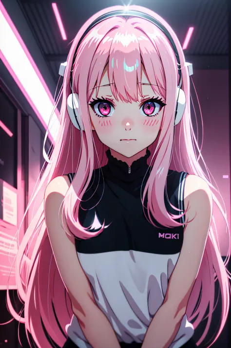 parted bangs, medium hair, pink hairband, one eye closed, pink eyes, shy, anime style, filmgrain, reflective light, ray tracing,...