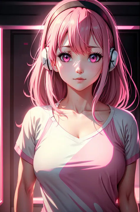 parted bangs, medium hair, pink hairband, one eye closed, pink eyes, shy, anime style, filmgrain, reflective light, ray tracing,...