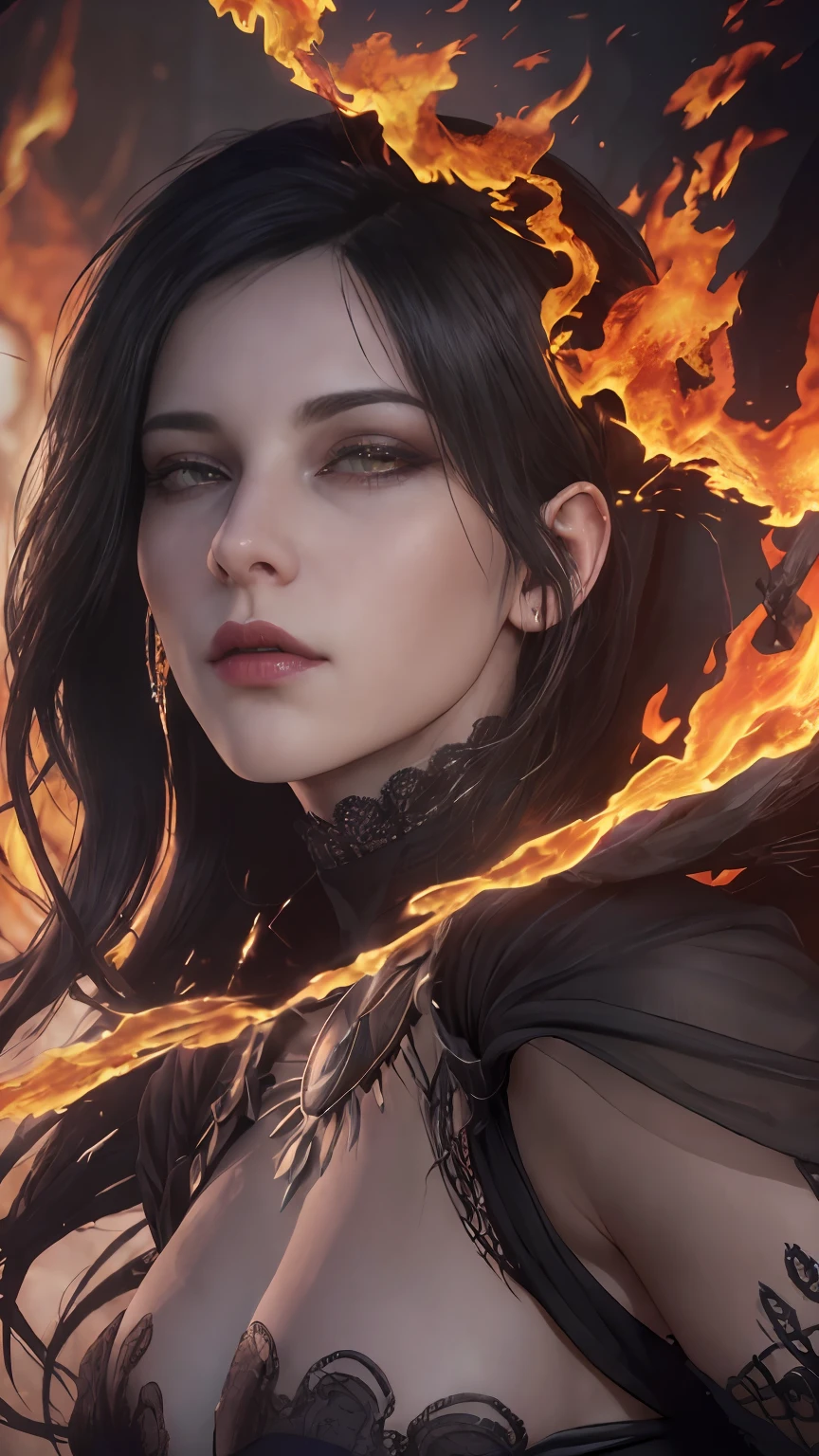 (Dark Fantasy:1.2), (Masterpiece, Epic Quality, Epic Realism, Ultra Resolution, 8K Photo Unity, Epic Detail: 1.1), witch, morrigan, dark hair, (((waiving a fire spell))), (Intricate Details, Dynamic Angle, Rim Lighting, Soft Lighting, (Professional Photography, Photorealism, Hyperrealism), Ray Tracing, HDR