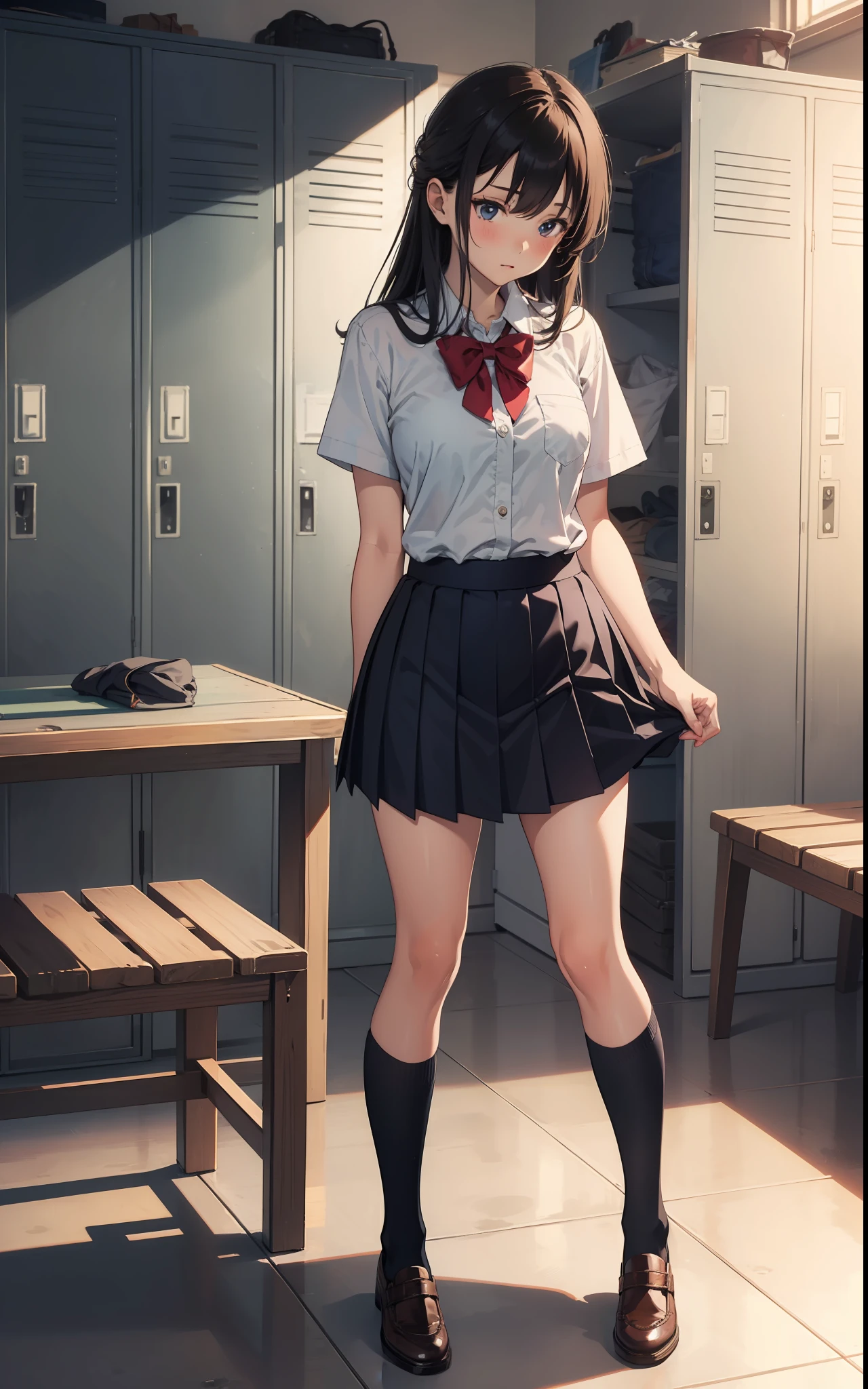 locker room, 1girl, school uniform, skirt tug,
masterpiece, best quality, highly detailed