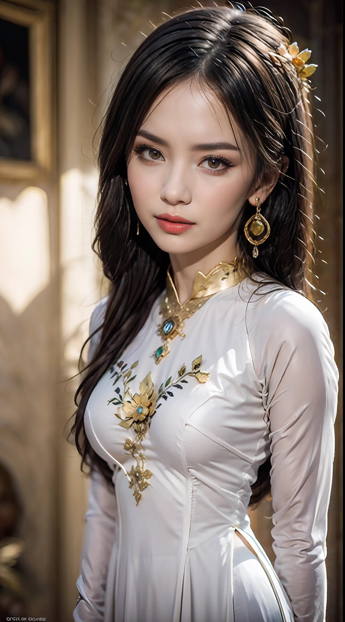 Retrato de un joven santo de 20 años, un santo con una cara hermosa y super linda,Llevaba un vestido rojo fino con ribete dorado y un vestido brillante y sexy., Ao dai está tachonado de pequeñas perlas brillantes., Hermosa cara linda, Linda muñeca china, Ao dai con una profunda abertura en el pecho y un atractivo ribete de encaje blanco y negro, hermoso rostro sin imperfecciones, callarse la boca, ((pelo largo siete colores arcoiris:1.2)), gran corona, broche de pelo, vestido hanfu, estilo antiguo chino, Collares de cuello y mano., pendientes pequeños, joyas para el cabello, broche de peloes, ao dai con muchos motivos meticulosos, tatuaje en la frente, Los pechos de la santa son redondos y muy llenos., Aumento de senos, cara inocente, El lápiz labial rojo claro más bonito y detallado., ((Labios finos y regordetes:0.3)), ((ojos dorados:1.2)), Los ojos están delicadamente decorados.,(blanco y detallado) cinematográfico, luz y oscuridad, iluminación dramática, luz mágica, luz extremadamente detallada, true color, Súper afilado, Realista, calidad 8k, fondo del universo de fantasía, santos y espacio mágico, las imágenes más detalladas, Solo, una santa, ((mirando directamente a la parte superior del cuerpo del santo:0.4)), ((piel suave:0.5)), Píxeles extremadamente detallados, super true, gráficos extremadamente detallados y complejos, La resolución más alta, retrato de primer plano,