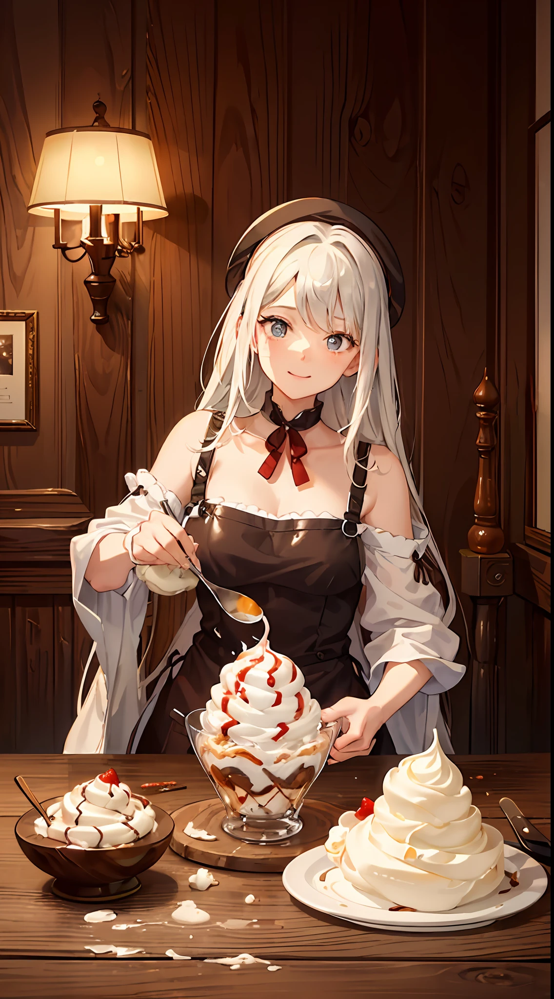 Anime girl in a maid outfit preparing a dessert with whipped cream - SeaArt  AI