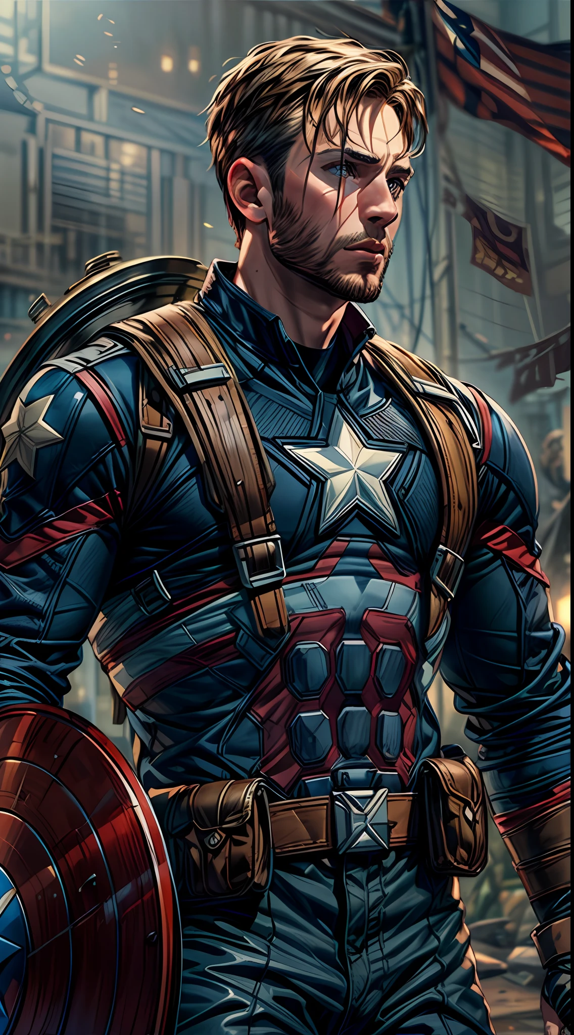 (foto en bruto, mejor calidad), (Realista, foto fotorrealista: 1.3), mejor calidad, muy detallado, Obra maestra, Ultra detallado, ilustración, Universo cinematográfico de Marvel, Maravilla, Chris Evans, Steve Rogers como el capitán América, el fondo debe ser épico, parte superior del cuerpo, alto detalle en el vestido, mejor calidad, Fondo de pantalla CG unificado 8k extremadamente detallado, tinta, Asombroso, mirada ruda, retrato, de cerca (textura de la piel), intrincadamente detallado, finos detalles, hiperdetallado.