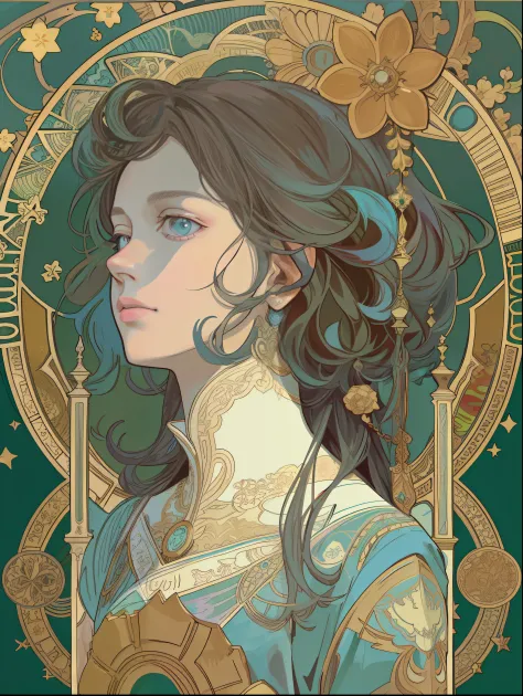 (Flat color:1.1),(Colorful:1.3),(Masterpiece:1.2), Best quality, Masterpiece, Original, Extremely detailed wallpaper for 1 girl,Solo，Blue starry sky，tarot card layout，Best quality, Masterpiece, (Realistic:0.6), Realistic lighting,Flower frame， Decorative p...