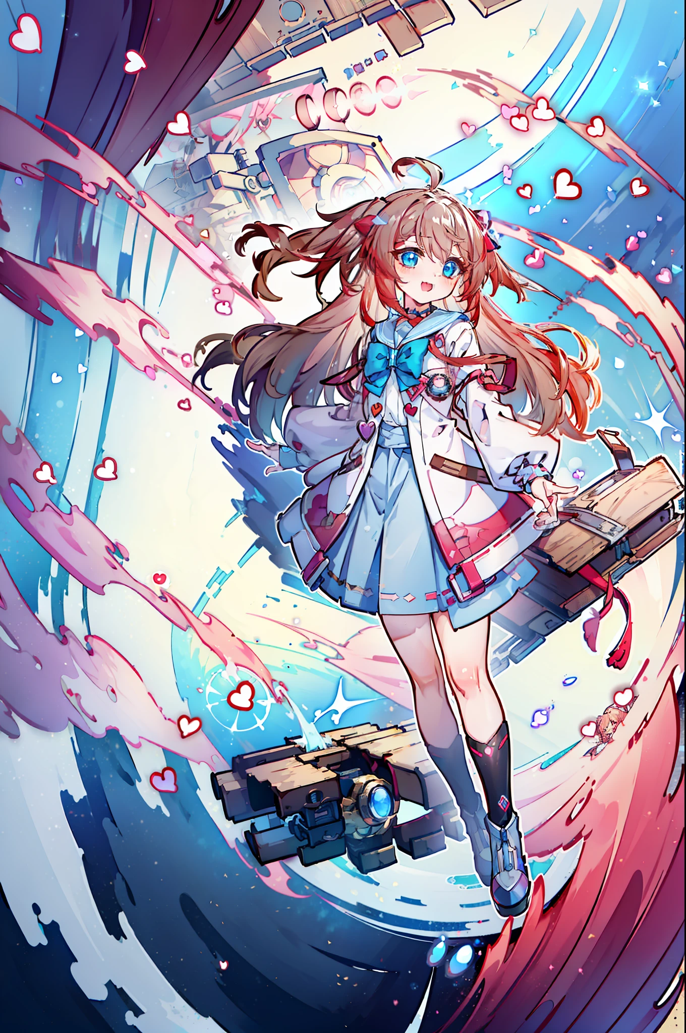 (masterpiece), 1girl, art, blush, :3, expressive eyes, neuro-sama, solo, looking at viewer, standing, looking at viewer, portrait, brown cardigan, bowtie, sailor collar, ahoge, cherry blossoms, blue eyes, sky, outdoors, smile, heart hair ornament, two side up, blue skirt, white shirt, serafuku, open mouth, ((light brown hair, long hair, sidelocks, heart shaped hair, red hair bowtie, ahoge, blue eyes)), two side up, long side hair, red red hair ribbon, (short, young girl, short body), fullbody, full body, splash screen, (swirling background, dynamic scene) 18th century clothing, genshin impact, code, digital, coding, programmer, cogs, electricity, gears, gears and cogs, machine, pink fog, hearts