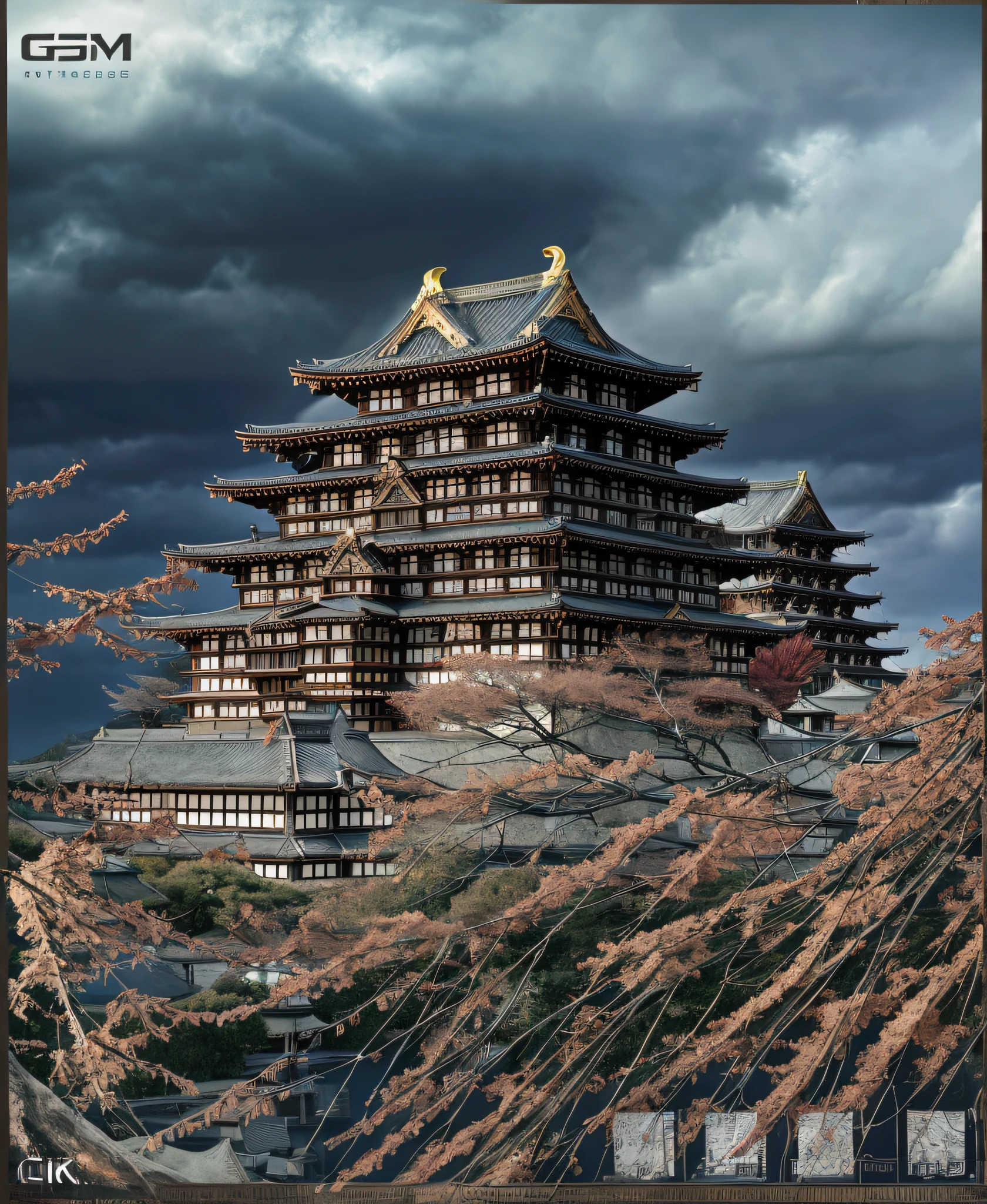 傑作、最高品質、高品質、非常に詳細な CG Unity 8K 壁紙、戦国時代　非常に詳細な、名古屋城、姫路城、熊本城、イーグレットシティ、または城、日本城、家の外、スカイスカイ、雲、夜、ヒューマノントはありません、日本語, 月明かり, シネマグラフ, 風景, 水, 木, 暗い空, 落ちる, 崖, 自然な, 湖, 川, 曇りの灰色の空, 受賞写真, ボケ 被写界深度, 被写界深度, んふふ, 咲く, 色収差, フォトリアリスティック, 非常に詳細な, アートステーションでトレンド, CGsociety トレンド、複雑で、詳細に、ドラマチックで、