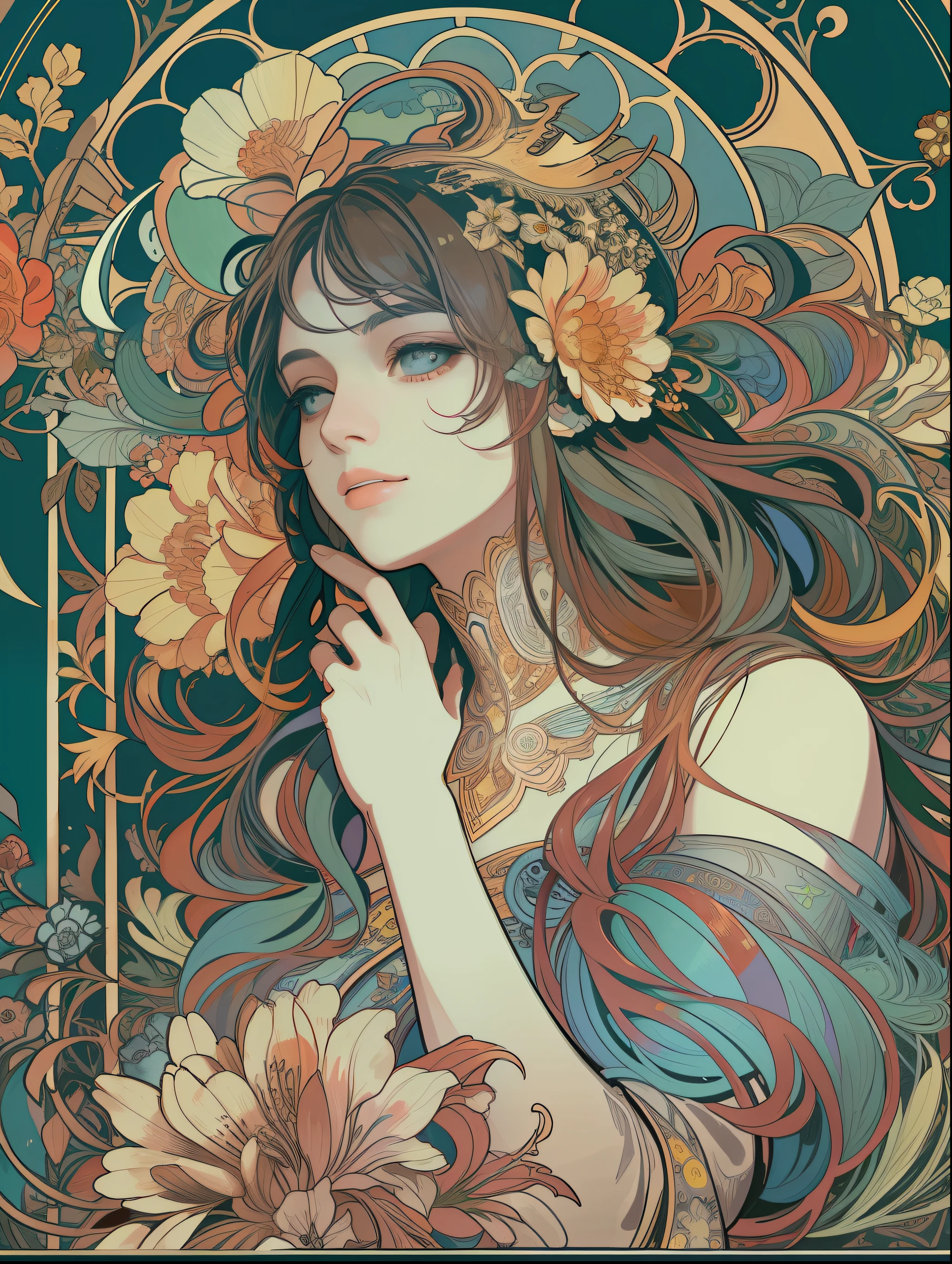 (Flat color:1.1),(Colorful:1.3),(Masterpiece:1.2), Best quality, Masterpiece, Original, Extremely detailed wallpaper for 1 girl,Solo，Blue starry sky，tarot card layout，Best quality, Masterpiece, (Realistic:0.6), Realistic lighting,Flower frame， Decorative panels， abstract artistic， Alphonse Mucha （tmasterpiece， best qualtiy， A high resolution： 1.4）， A detailed， Complicated details， 4K，cerulean， Line art， Fibonacci