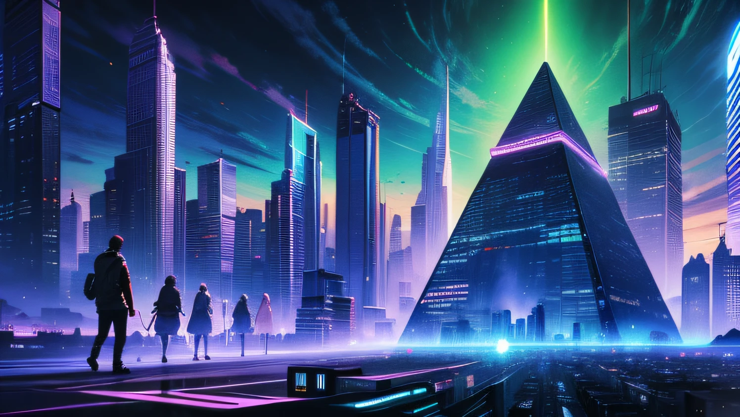 An oil painting of a futuristic cityscape, with towering skyscrapers and flying vehicles filling the frame. The colors are bright and vibrant, with shades of blue, green, and purple dominating the scene. In the foreground, a group of people can be seen walking towards a giant, glowing pyramid.