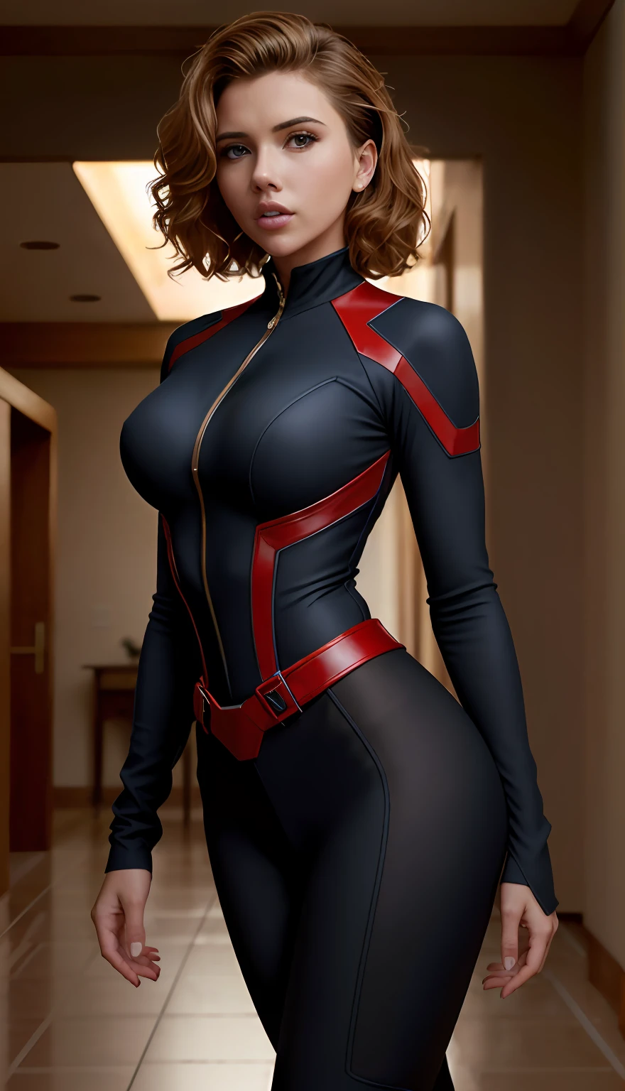 (full-length body:1.2), Black Widow in the style of the Fantastic Four, minimalist elegant dark blue uniform, minimalist:1.2 straight red hair, (((masterpiece))), (best quality), (photorealistic:1.3), 8k, raytracing, rtx, realistic lighting:1.2, realistic textures:1.2, photorelistic render:1.2, detailed skin texture, detailed cloth texture, beautiful detailed face, intricate details, ultra detailed, scarlett johansson:0.8, large breasts:1.3, hourglass figure, thigh gap:1.3, shiny clothes, cinematic lighting,