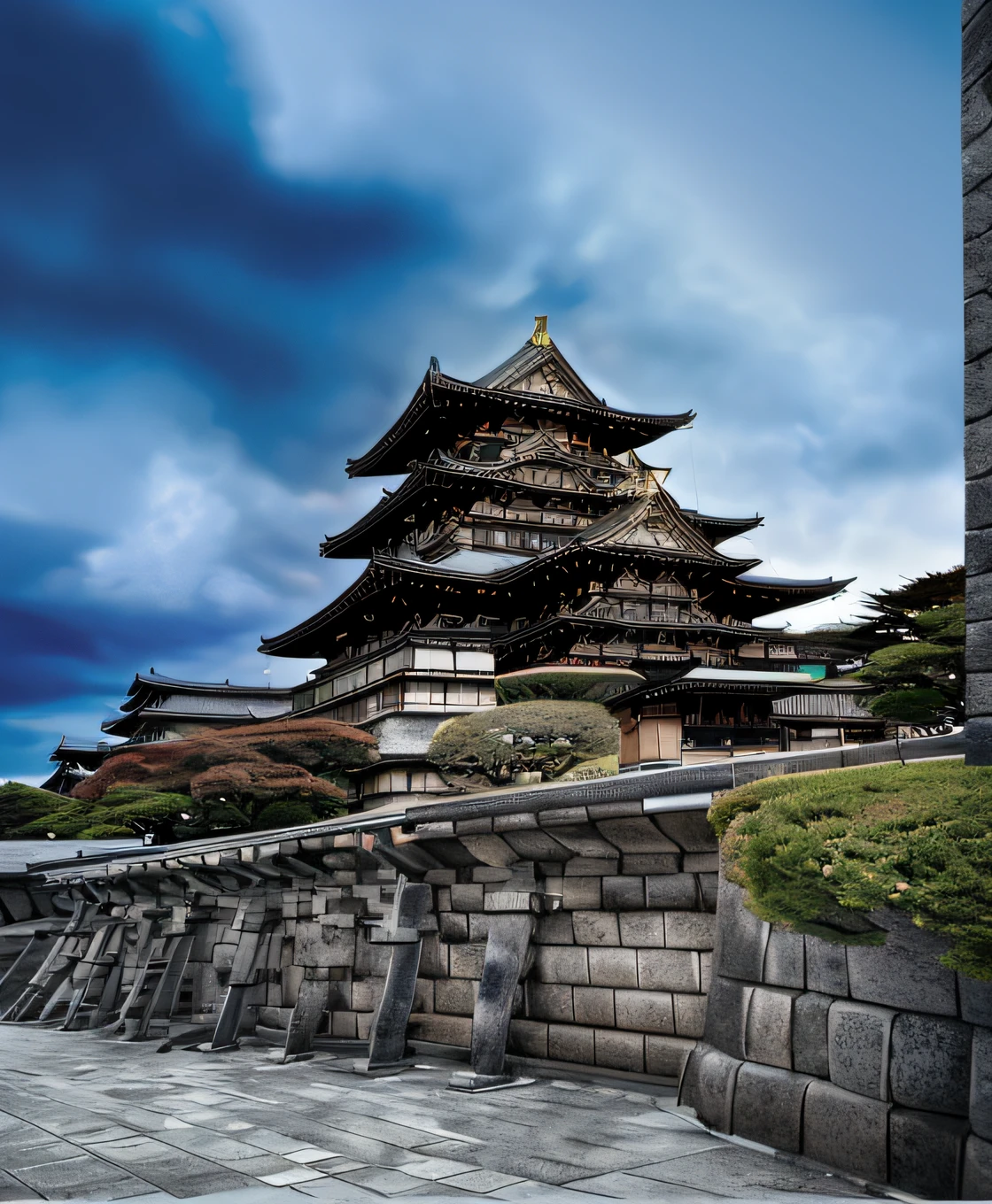 ​obra maestra、de primera calidad、alta calidad、Los fondos de pantalla CG Unity 8K extremadamente detallados、Período de Estados en guerra　muy detallado、Castillo de Nagoya、Castillo de Himeji、Castillo Kumamoto、ciudad garza、o castillo、castillo de japon、fuera de casa、Skysky、nubes、la noche、No humano、japonés, claros de luna, cinemagrafía, paisajes, Agua, El árbol, dark sky, caídas, acantilado, natural, lago, un rio, cielo nublado de ceniza, foto premiada, bokeh, profundidad de campos, nffsw, Floración, aberración cromática, Fotorrealista, muy detallado, tendencia en Artstation, CGTendencias de la sociedad、complejo y、En detalle、Dramático y、