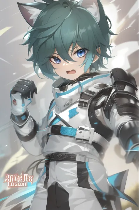 Game CG，8K quality，((A little boy))，juvenile sense，Handsome，Anime male protagonist，Young，Cat ears，Headband，Shoulder blades，Blue full body armor set，White armored gloves，White trousers，Racing boots，Fight，The brave，particle fx，Full body like，zori