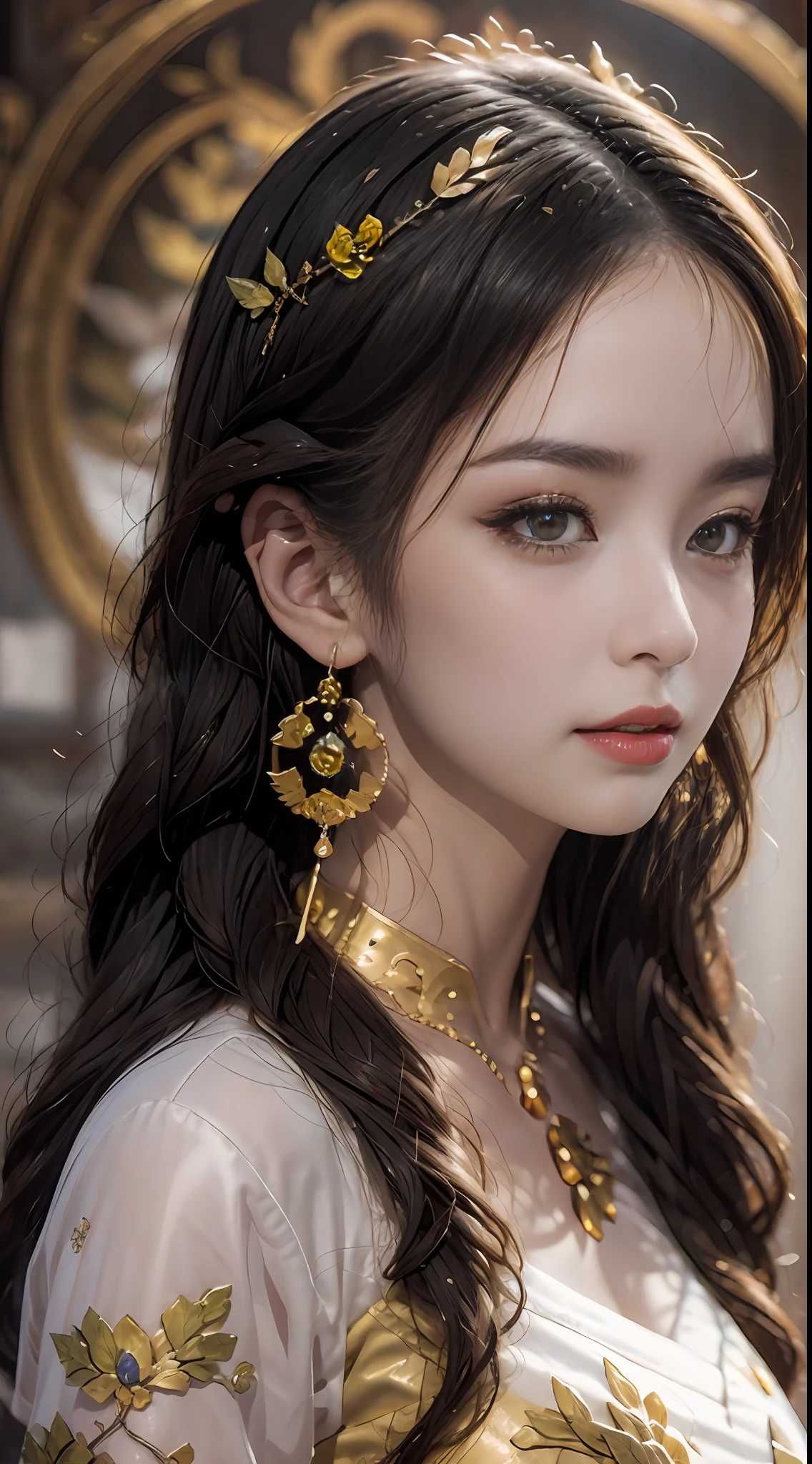 Portrait of a young 20-year-old saint, a saint with a beautiful and super cute face, Chinese doll, super cute face, holy woman wearing a combination of ao dai and thin pants with red color and yellow lace trim, beautiful face without blemishes, shut up, ((long hair seven colors rainbow:1.2)), big crown, hair brooch, hanfu dress, chinese ancient style, Neck and hand necklaces, small earrings, hair jewelry, hair brooches, ao dai with many meticulous motifs, forehead tattoo, The female saint's breasts are round and very full, breast augmentation, innocent face, The most beautiful and detailed light red lipstick, ((Thin plump lips:0.3)), ((Golden eyes:1.2)), The eyes are delicately decorated,(white and detailed) cinematic, light and dark, dramatic lighting, magical light, extremely detailed light, true color, super sharp, realistic, 8k quality, fantasy universe background, saints and magical space, the most detailed images, Solo, a saintess, ((looking directly at the saint's upper body:0.4)), ((smooth skin:0.5)), Extremely detailed pixels, super true, extremely detailed and complex graphics, the highest resolution, close-up portrait,