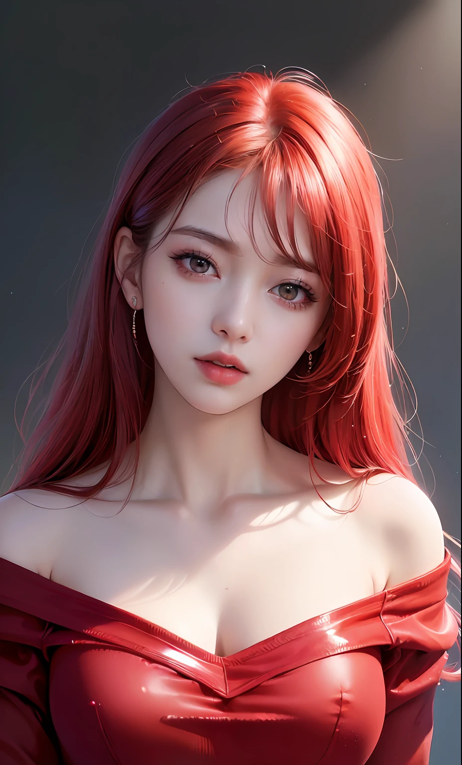(8k, RAW photo, photorealistic:1.25) ,( lipgloss, eyelashes, gloss-face, glossy skin, best quality, ultra highres, depth of field, chromatic aberration, caustics, Broad lighting, natural shading,Kpop idol,red eyes, red hair, red clothes,red cap) looking at viewer with a serene and goddess-like happiness,