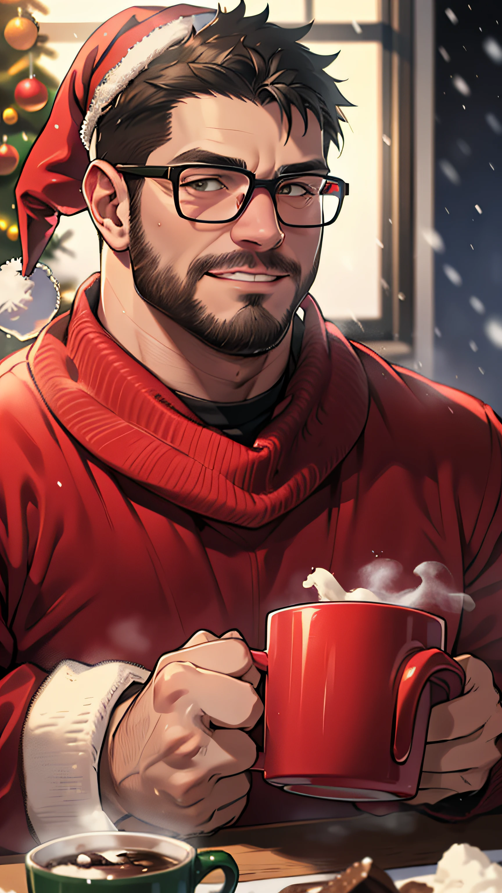 1 man, solo, masterpiece, best quality, highres, upper body shot, ultra detailed, ((wide angle)), middle-aged man, daddy, hunk physique, beefy, burly, hairy, manly, really tall, black hair, wearing a red and green Christmas sweater, red trousers, wearing glasses, wearing red Santa's Chirstmas hat, wearing fake white Santa's beard, cheerful cute smile, holding a hot chocolate mug, Winter, indoors, snowing, window in the background, small Christmas tree in the background, incredible composition, HDR, volumetric lighting, shadows, , aesthetic