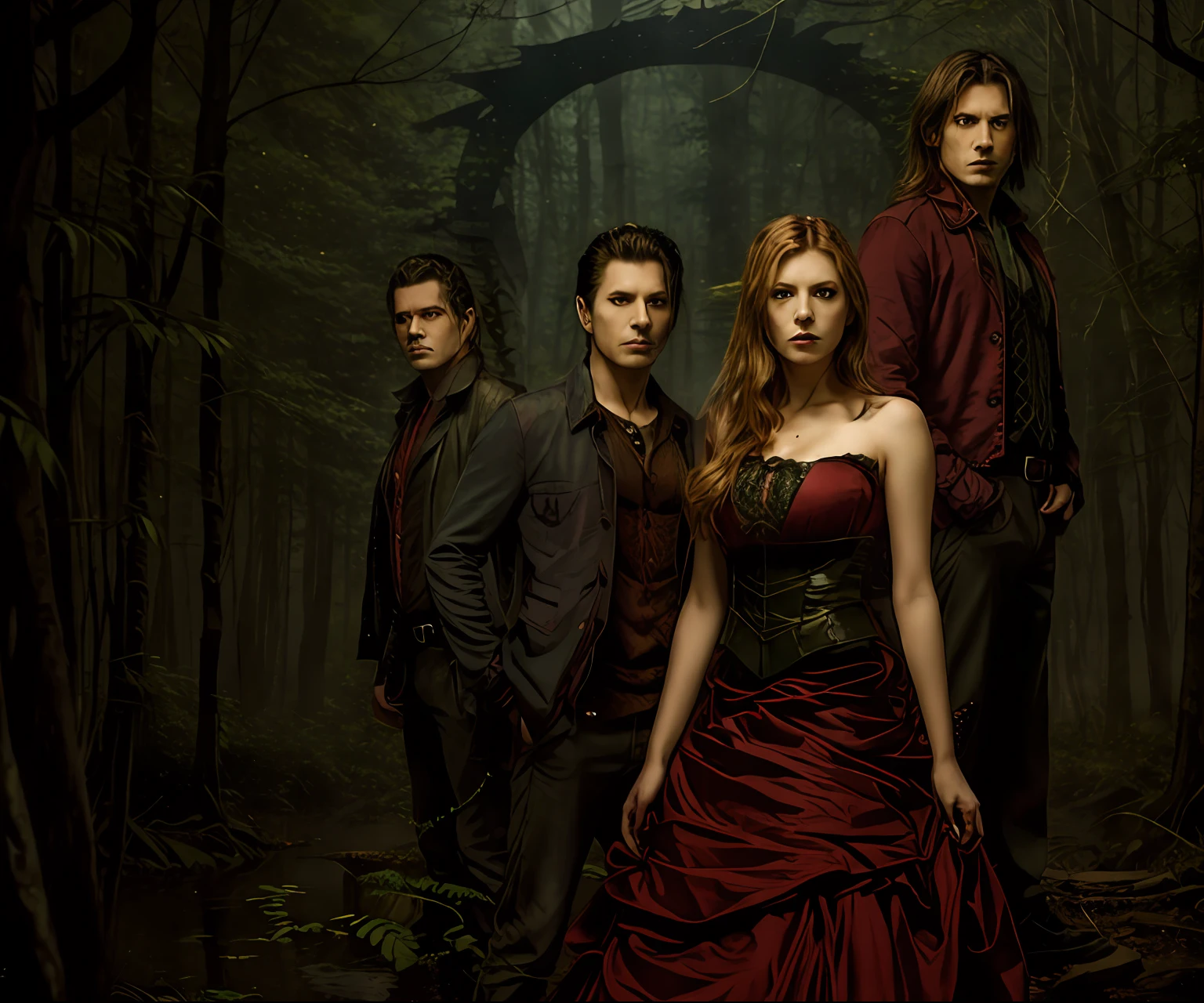 Arafed image of a group of people standing in a forest, promocional ainda, Vampiro, promo ainda, Vampiros, imagem promocional, imagem promocional, arte promocional, imagens promocionais, moda vampiroiro, sem texto, promocional ainda grande angular, vampiro, hot, filme promocional ainda, fan art, Papel de parede - 1 0 2 4, O vampiroiro, Arte da sede