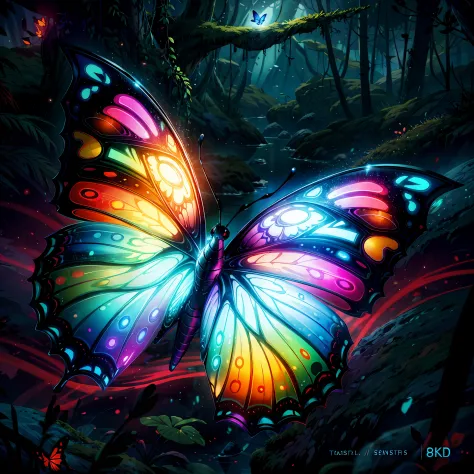 close shot  of a colorful butterfly, big wings, detailed, detailed wings, the butterfly is flying on a big leaf inside an alien forest , glowing wings, crystal like ,focus, alien landscape background .BREAK,Detailed,Realistic,4k highly detailed digital art...