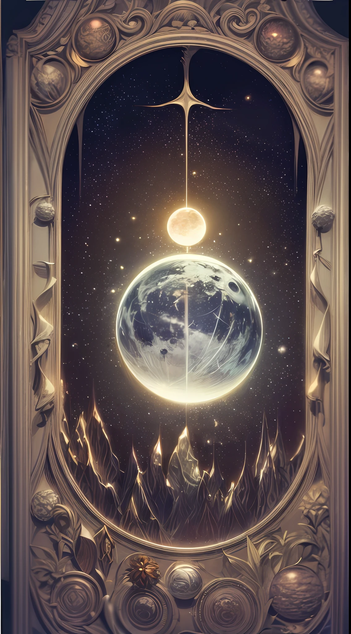 一张迷人的塔罗牌描绘 "月光圣殿," 塔罗牌框架设计为哥特式风格，框架宽度均匀, 沐浴在月光下的宁静圣地, 设计中心是一个描绘地球的球体, 象征着地球与天体周期之间的联系, 插图, 纹理纸上的混合媒介