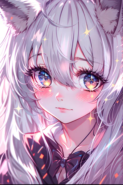 silver hair, long hair, hair strand, hair over one eye, pupils sparkling, colored eyelashes, fox ears, crying, anime style, spar...