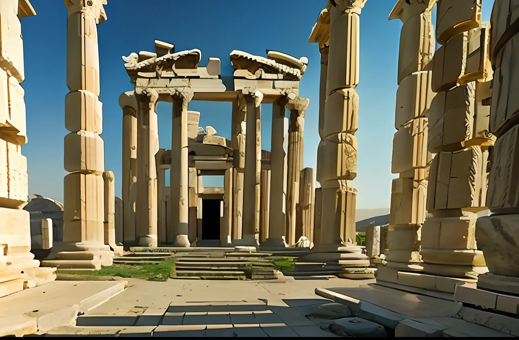 Erstellen Sie ein Bild des Tempels der Göttin Diana in der Stadt Ephesus, im alten Griechenland, schöner Tempel, mit prächtigen Säulen und Statuen.