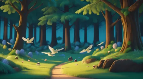 "birds flying through the forest" ((best quality)), ((masterpiece)), (detailed: 1.4), 3d