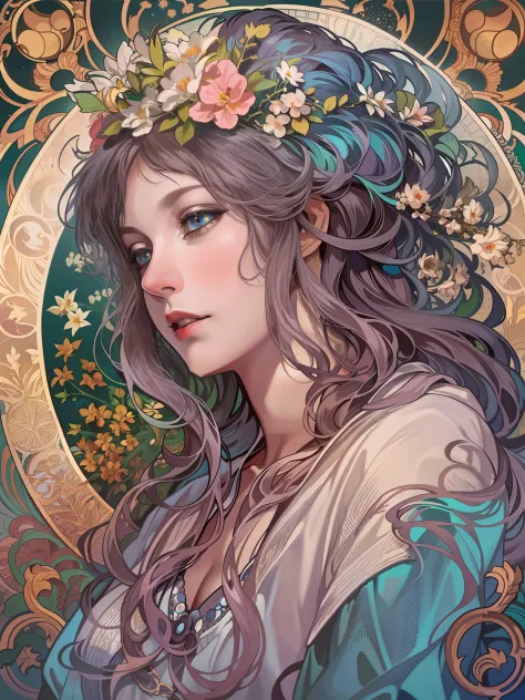 1 girl，woman，Looking down，Solo，The upper part of the body，european woman face portrait，with long coiled hair，Shiny skin, Detailed face, The robe has a pattern， Sumeru，Clouds， themoon，tarot card layout，Best quality, Masterpiece, (Realistic:0.6), Realistic l...
