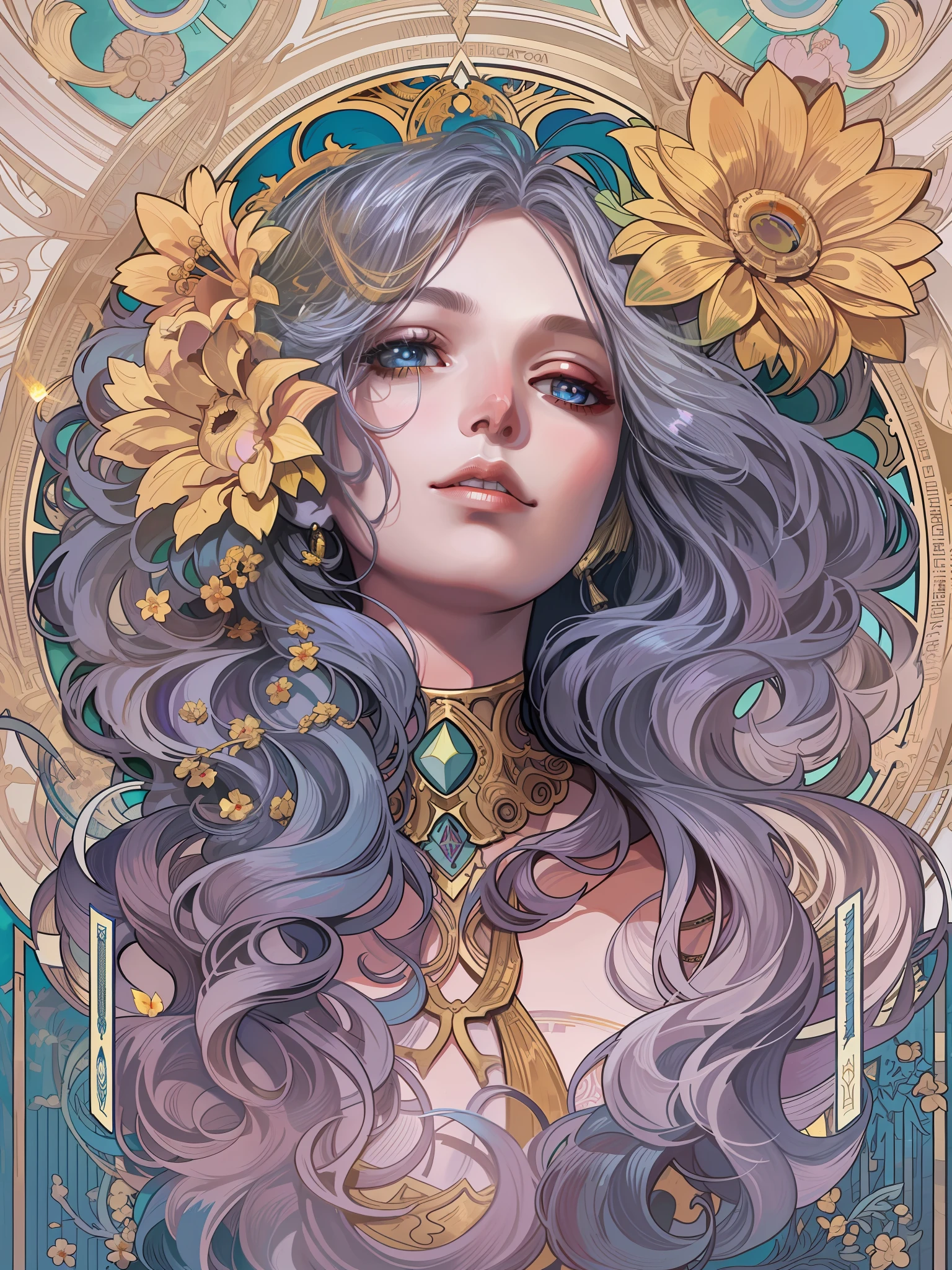 1 girl，woman，Looking down，Solo，The upper part of the body，european woman face portrait，with long coiled hair，Shiny skin, Detailed face, The robe has a pattern， Sumeru，Clouds， themoon，tarot card layout，Best quality, Masterpiece, (Realistic:0.6), Realistic lighting,Flower frame， Decorative panels， abstract artistic， Alphonse Mucha （tmasterpiece， best qualtiy， A high resolution： 1.4）， A detailed， Complicated details， 4K，cerulean， Line art， Fibonacci