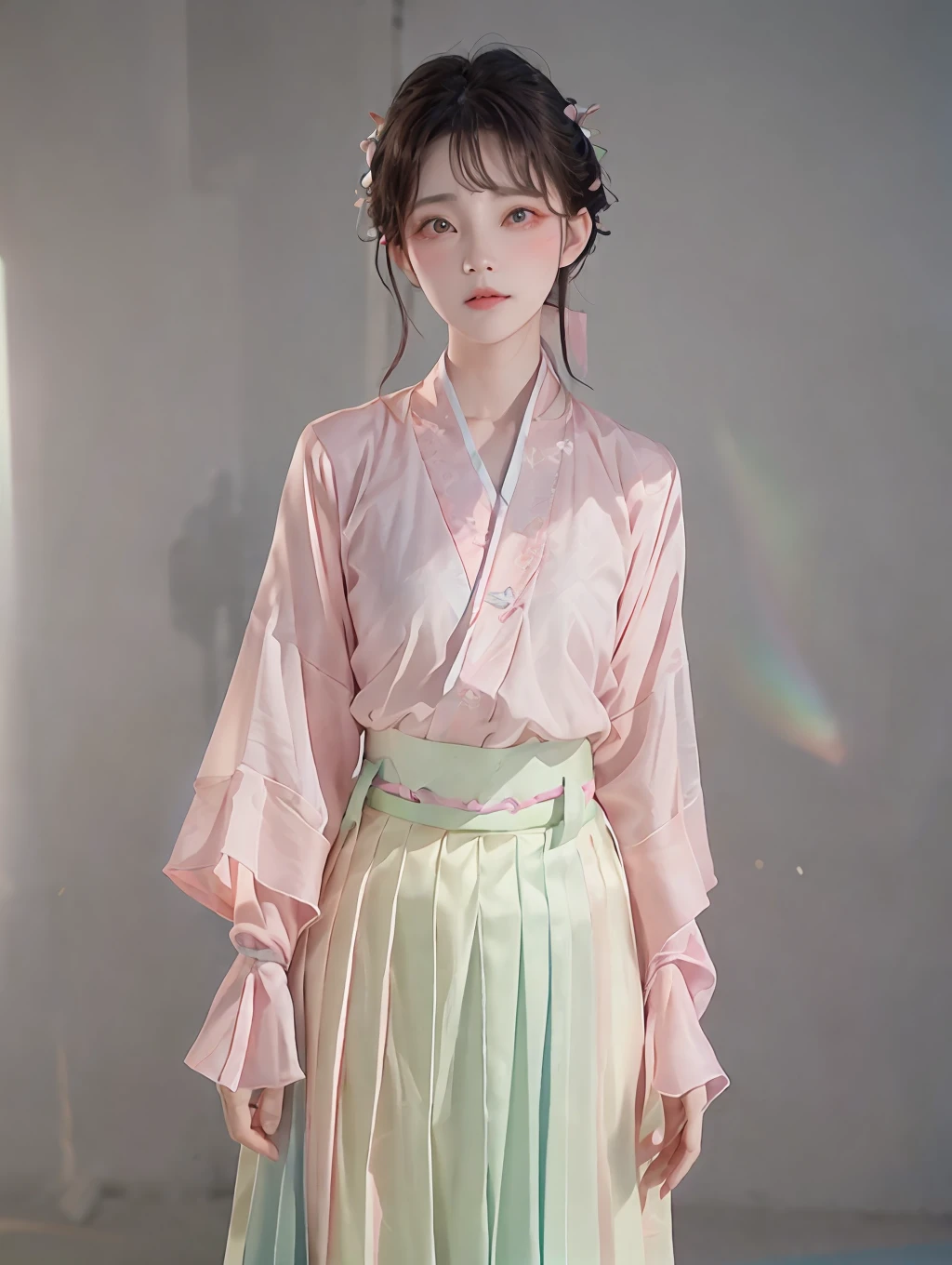 1 девушка,(Ханьфу, розовый короткий шань,  зеленая плиссированная юбка с градиентом, розовый сонмо),(верхняя часть тела:1.5),фокус на лице, сверхвысокое разрешение, (фотореалистичный:1.4), Необработанное фото,16К,Драматическое освещение,