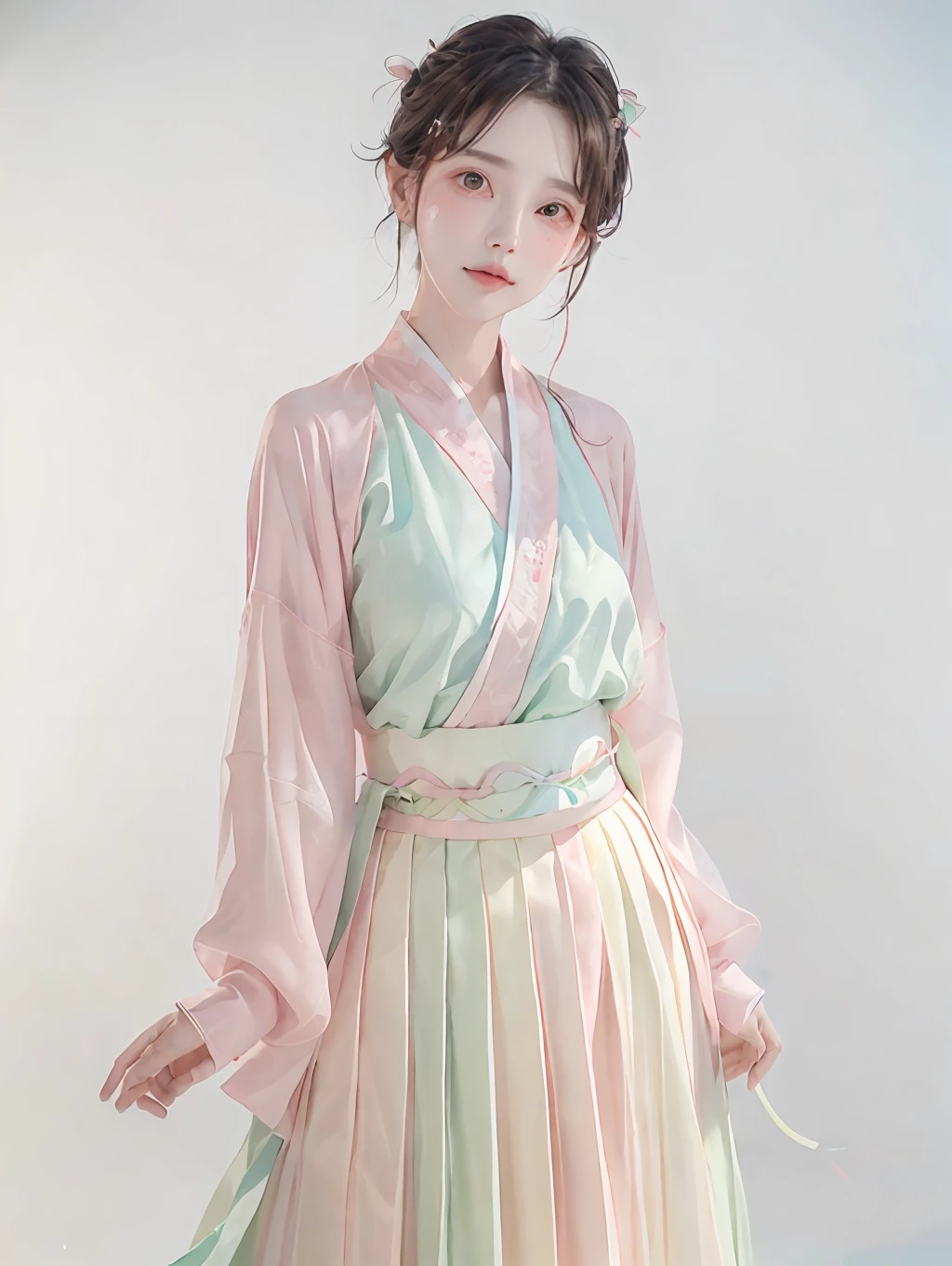 1個女孩,(Hanfu, 粉紅色短山,  漸層綠色百褶裙, 粉紅松模),(上半身:1.5),臉部對焦, 超高解析度, (逼真的:1.4), 原始照片,16k,戲劇性的燈光,