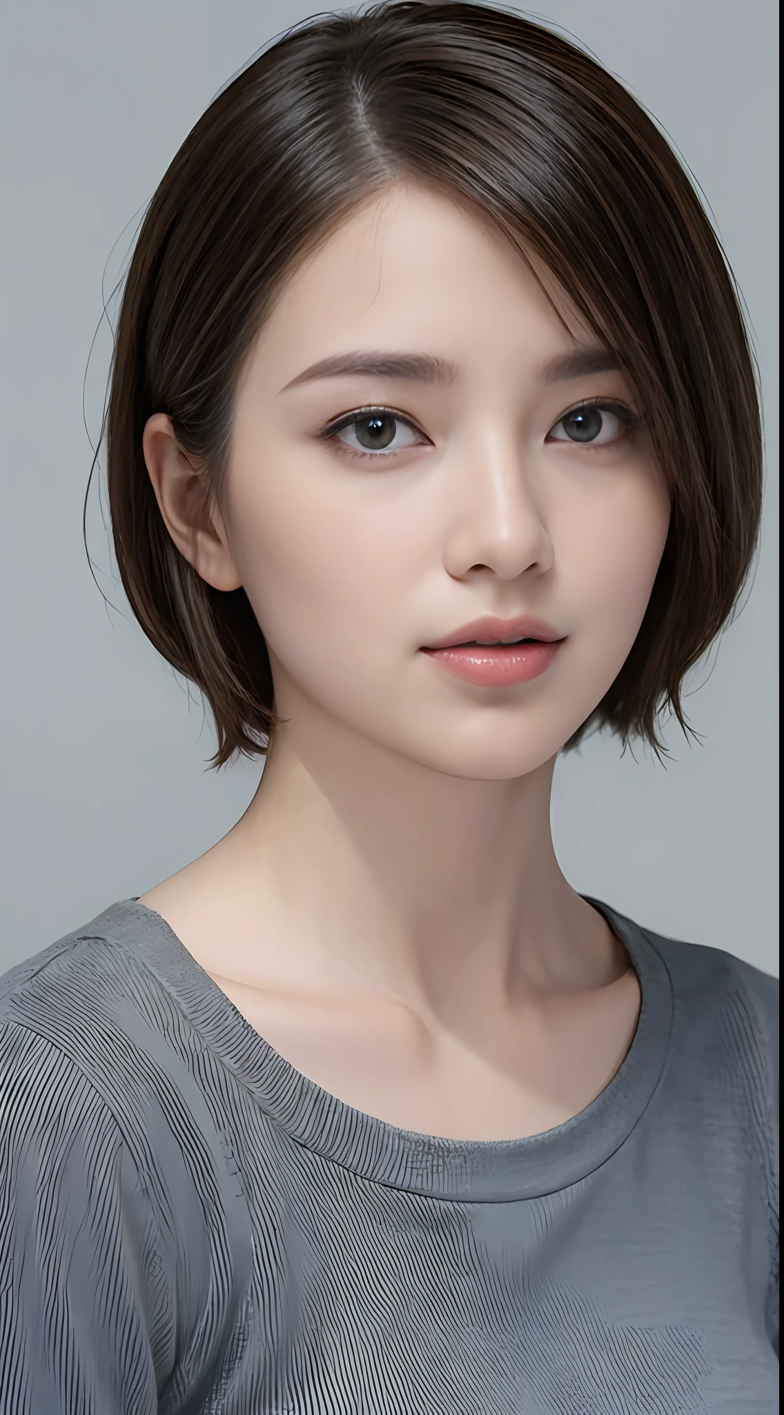 ((Best Quality, 8k, Masterpiece: 1.3)), Upper Body, Focus Sharp: 1.2, Outstanding Beauty: 1.4, A Little Chubby, ((Big: 1.2)), Short Hair, Bob Hair, Straight Hair, Very Detailed Face and Skin Texture, Detailed Eyes, Double Eyelids, One Beautiful Woman, Solo, T-Shirt