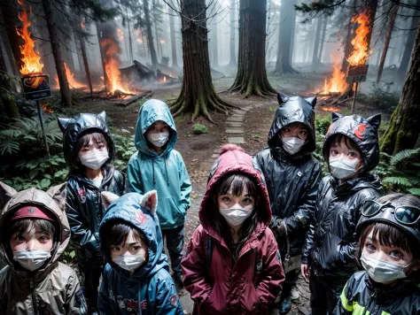 10 children wearing masks made of graffiti、creepy atmosphera、dark forest background、burning shrine、the fire、graffiti mask、